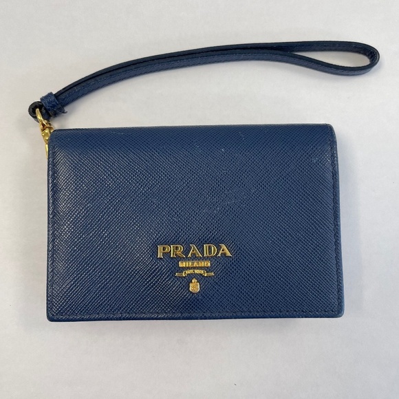 Prada Bluette Saffiano Metal Leather Wristlet w/ Box and Cert of Auth -Preloved